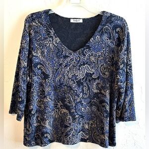 Only 9 Navy/Blue and Metallic Paisley V-Neck Stretchy 3/4 Sleeve Blouse Sz 1X